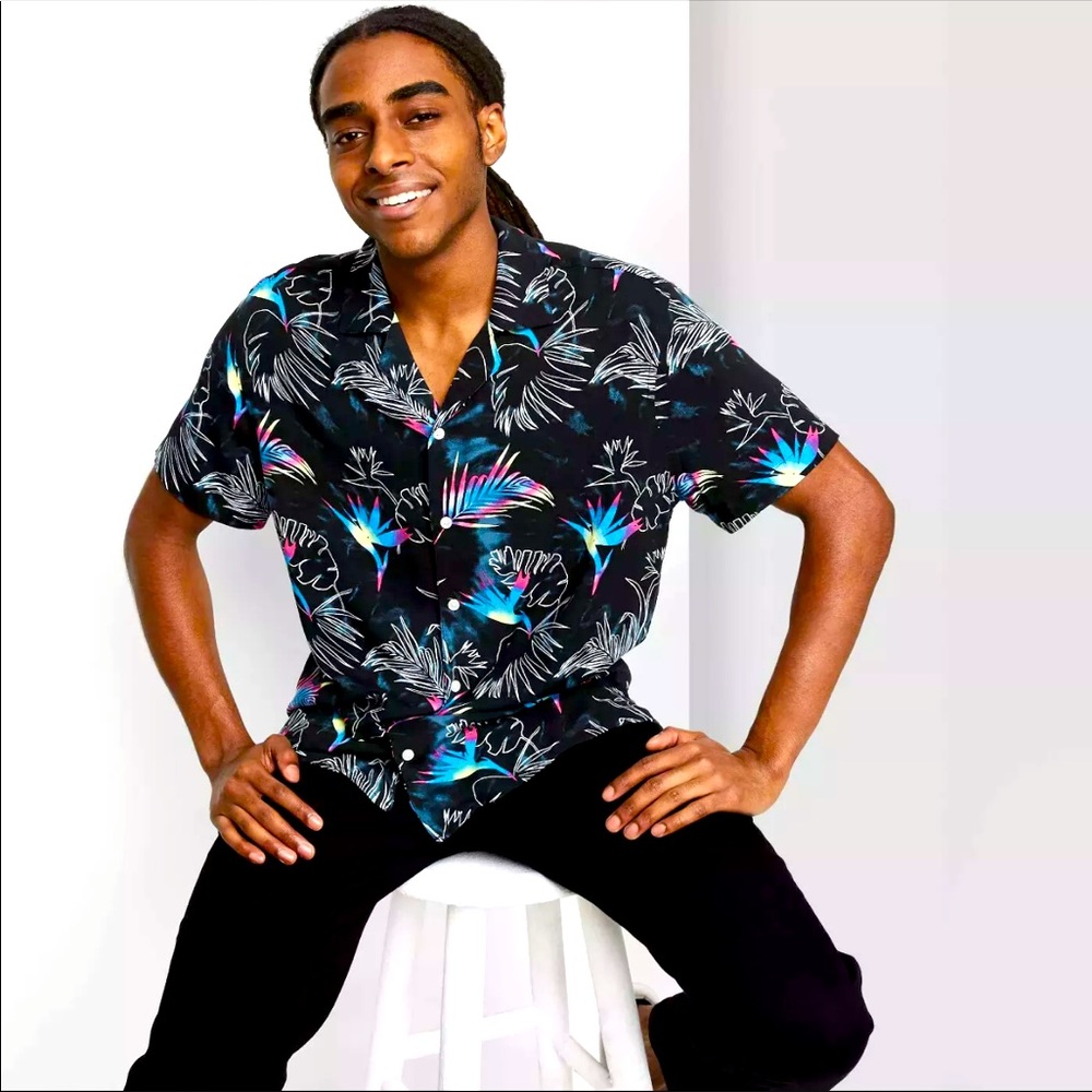 New Original Use Men Size XXL Black Tropical Birds/Leaves Button Up Shirt Casual